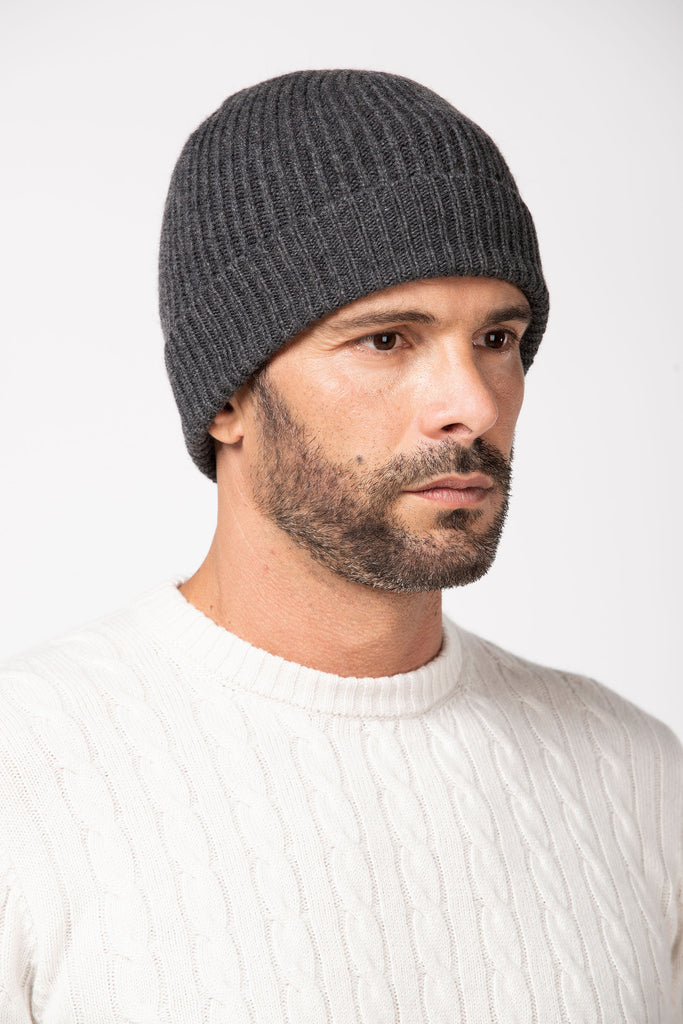 Beanie a coste inglesi in cashmere Grigio Scuro 3
