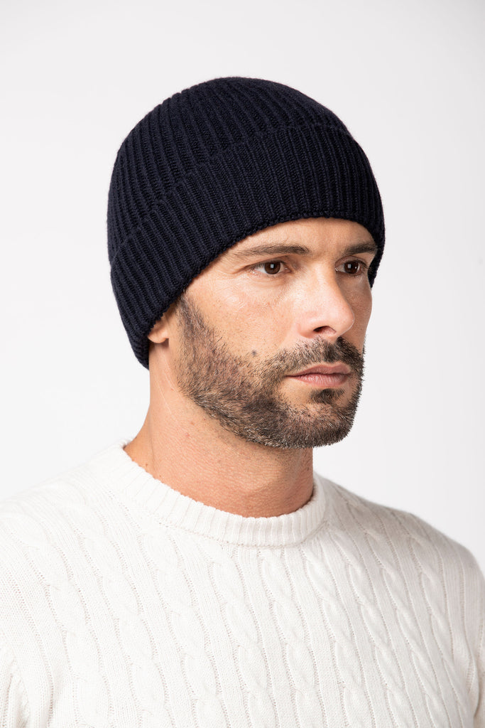Beanie a coste inglesi in cashmere Marine 3