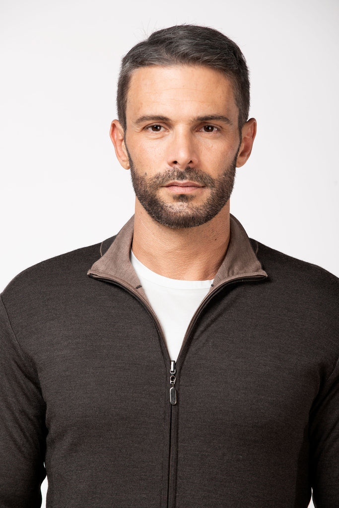 Cardigan full zip extrafine double reversibile Beige/Brown 6