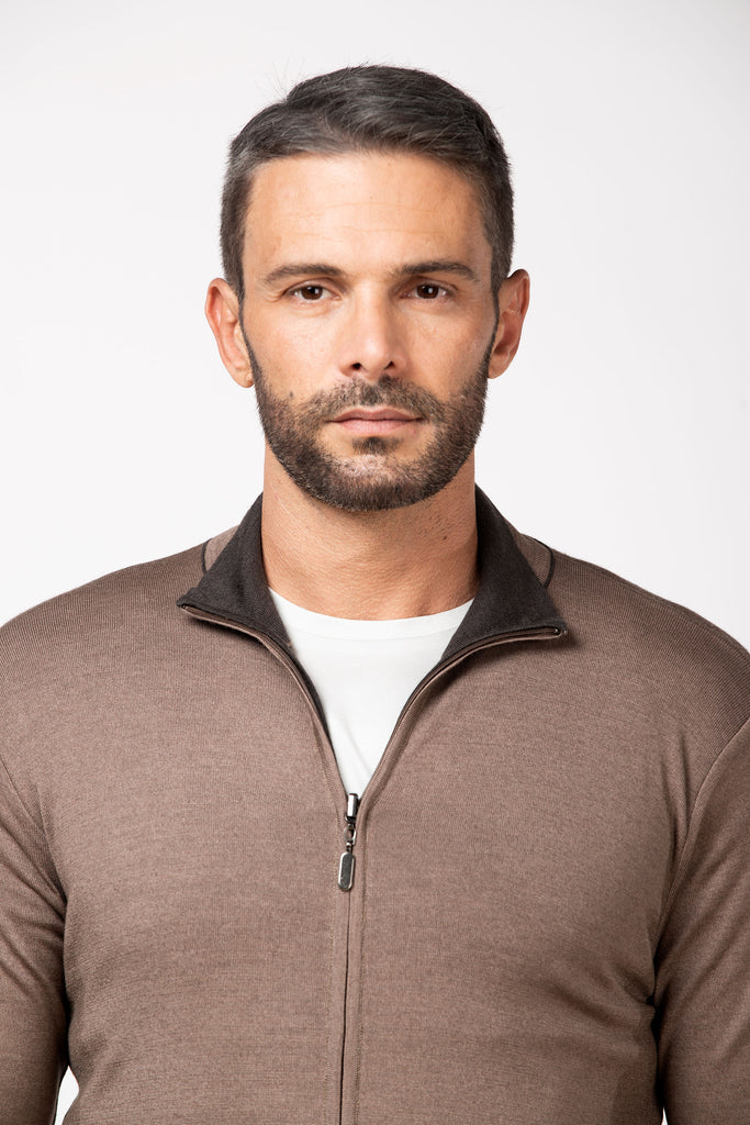 Cardigan full zip extrafine double reversibile Beige/Brown 3