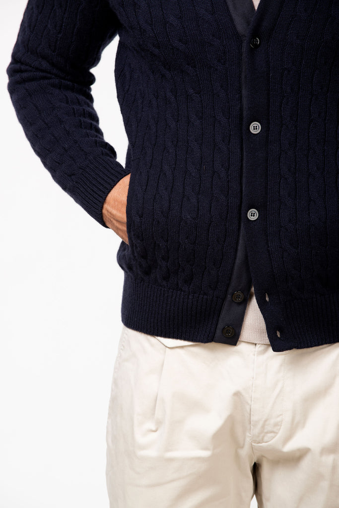 Cardigan a trecce in cashmere con collo in castorino Navy 3