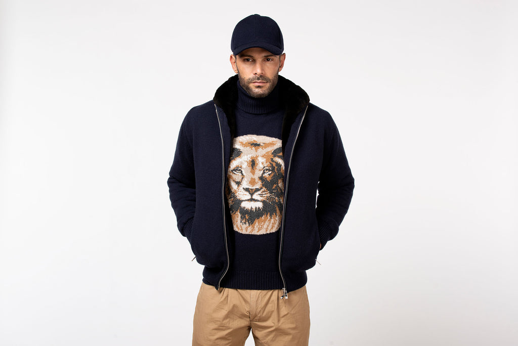 Dolcevita intarsio Leone in cashmere Navy 3