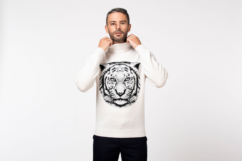 Dolcevita intarsio Tigre Bianca in cashmere Stucco B 3